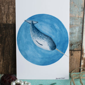 A6 Art Print of Marine Animals on Glossy Paper – Options here include: Dugong, Manta Ray, Narwhal and Squid – Narwhal