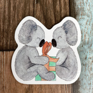 Die-Cut Glossy Sticker of two Koalas with a Birthday or Xmas Present