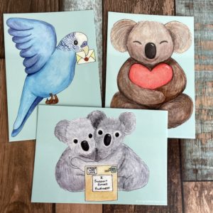 Cute Postcard Prints: Kira, Kiki & Koko and Happy the Budgie